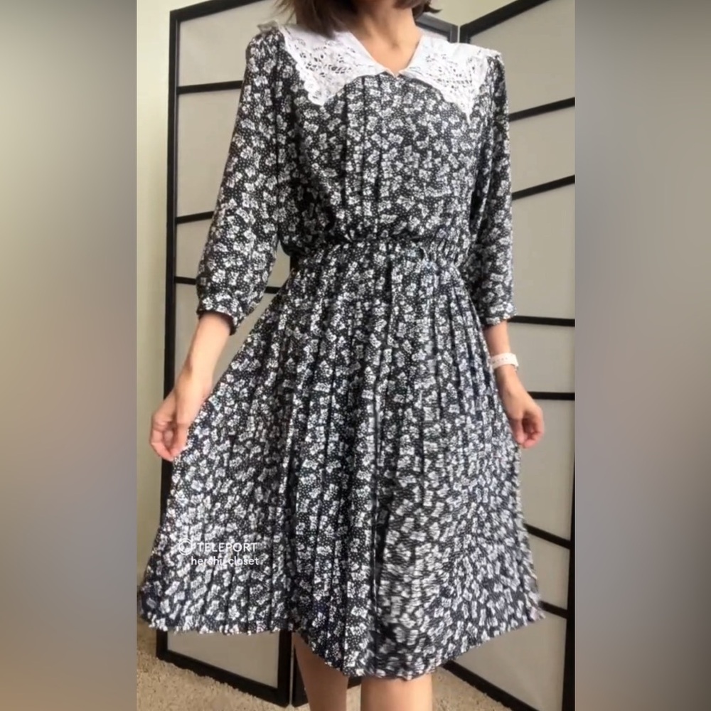 Sheridan Square Vintage Prairie Dress Navy Blue Geometric Pleated Small Petite
